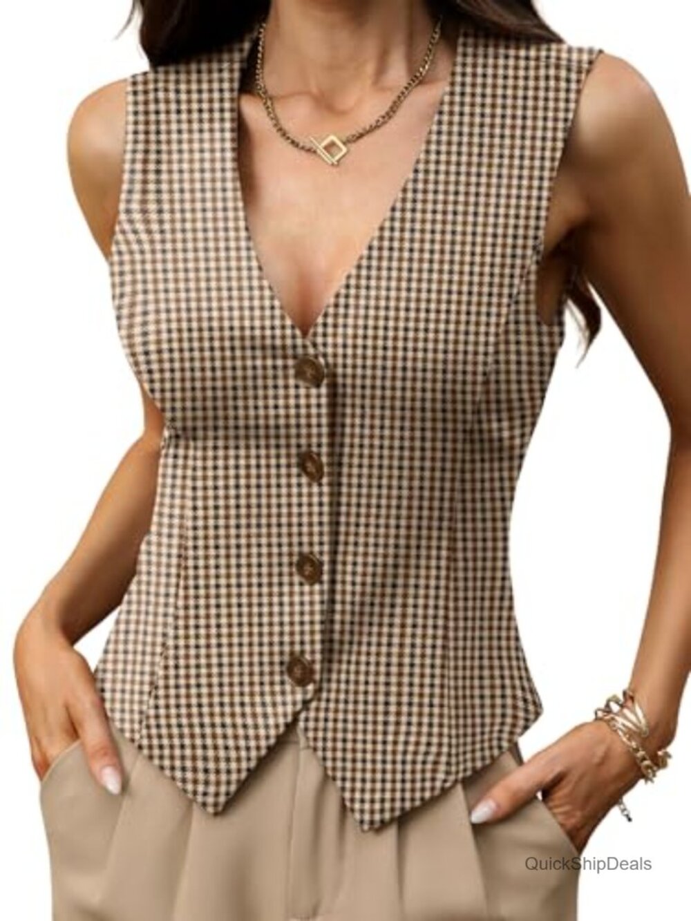 High Stretch Knit V-Neck Sleeveless Button Vest Top Women Business Casual